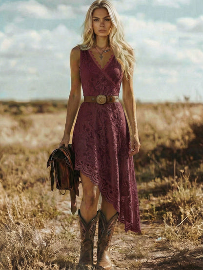 LUNE Women's V-Neck Lace Sleeveless Elegant Dress