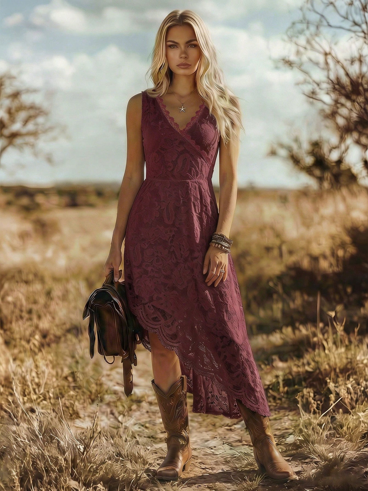 LUNE Women's V-Neck Lace Sleeveless Elegant Dress