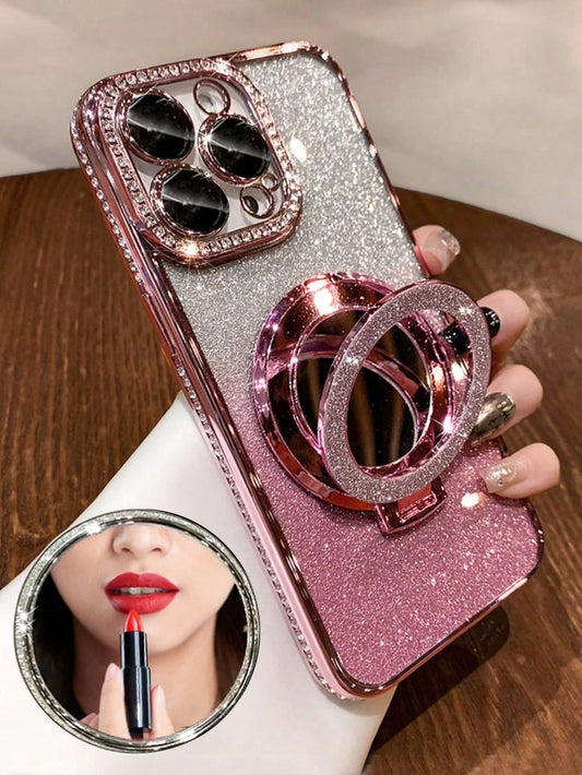 Luxury Electroplated Rhinestone Glitter Makeup Mirror Magnetic Stand Phone Case Compatible With IPhone 17 16E 15 14 13 12 11 X XS Max XR Pro Plus Galaxy A02S-A07 A12-A17 A22-A26 A32-A36 A50-A56 S20-S