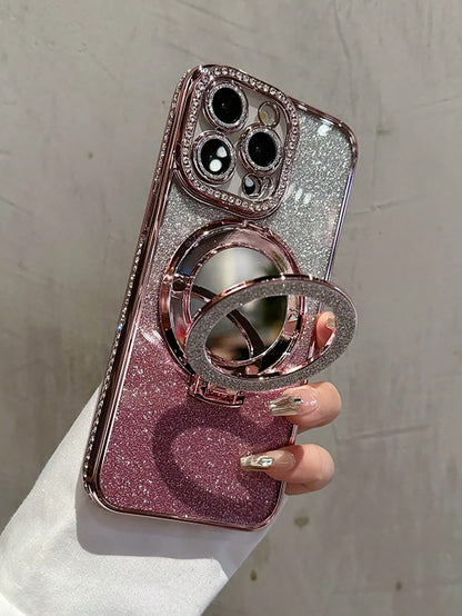 Luxury Electroplated Rhinestone Glitter Makeup Mirror Magnetic Stand Phone Case Compatible With IPhone 17 16E 15 14 13 12 11 X XS Max XR Pro Plus Galaxy A02S-A07 A12-A17 A22-A26 A32-A36 A50-A56 S20-S
