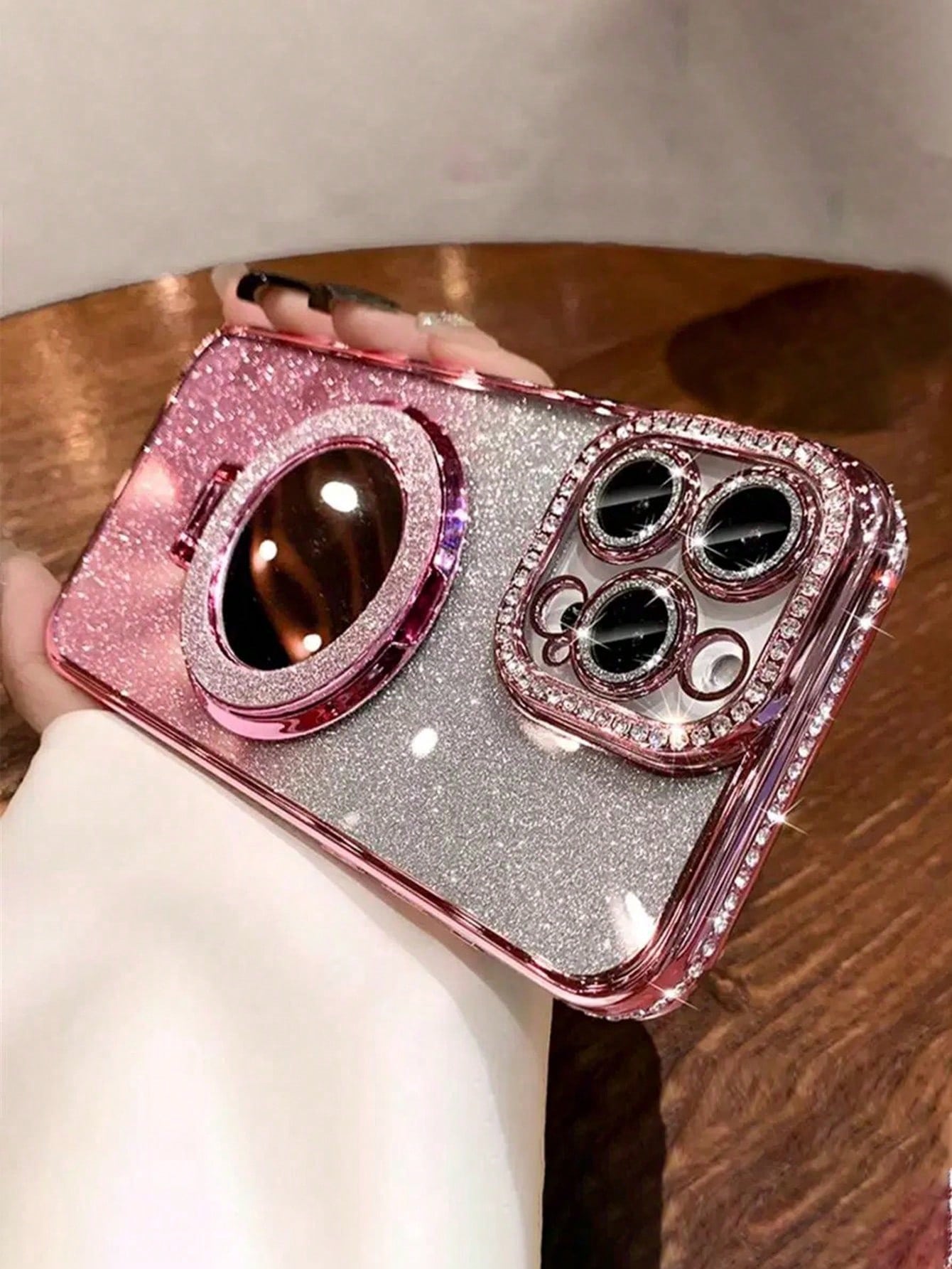 Luxury Electroplated Rhinestone Glitter Makeup Mirror Magnetic Stand Phone Case Compatible With IPhone 17 16E 15 14 13 12 11 X XS Max XR Pro Plus Galaxy A02S-A07 A12-A17 A22-A26 A32-A36 A50-A56 S20-S
