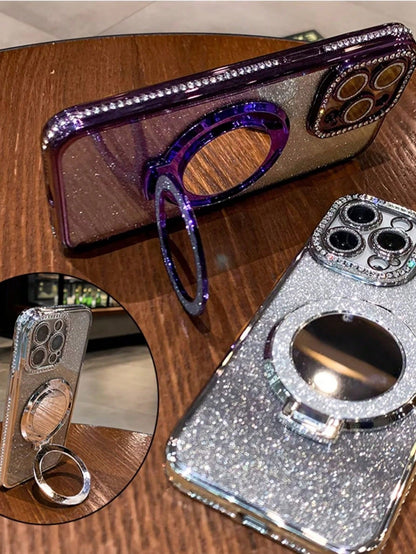 Luxury Electroplated Rhinestone Glitter Makeup Mirror Magnetic Stand Phone Case Compatible With IPhone 17 16E 15 14 13 12 11 X XS Max XR Pro Plus Galaxy A02S-A07 A12-A17 A22-A26 A32-A36 A50-A56 S20-S