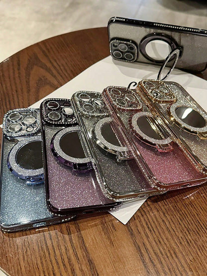 Luxury Electroplated Rhinestone Glitter Makeup Mirror Magnetic Stand Phone Case Compatible With IPhone 17 16E 15 14 13 12 11 X XS Max XR Pro Plus Galaxy A02S-A07 A12-A17 A22-A26 A32-A36 A50-A56 S20-S