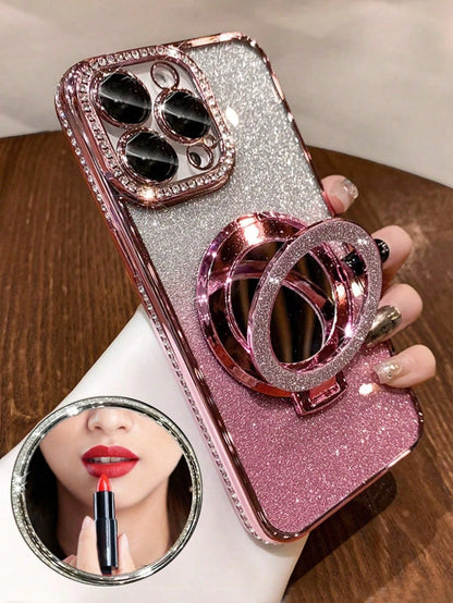 Luxury Electroplated Rhinestone Glitter Makeup Mirror Magnetic Stand Phone Case Compatible With IPhone 17 16E 15 14 13 12 11 X XS Max XR Pro Plus Galaxy A02S-A07 A12-A17 A22-A26 A32-A36 A50-A56 S20-S