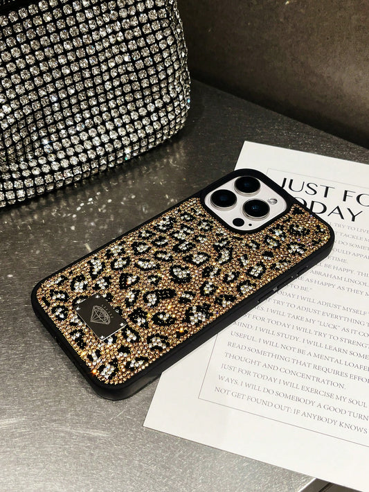 Luxury Leopard Print Fashion Rhinestone Inlaid Shiny Gold Soft Touch Full Coverage Protective Phone Case 1pc Compatible With IPhone 17 Pro Max Anniversary Gift