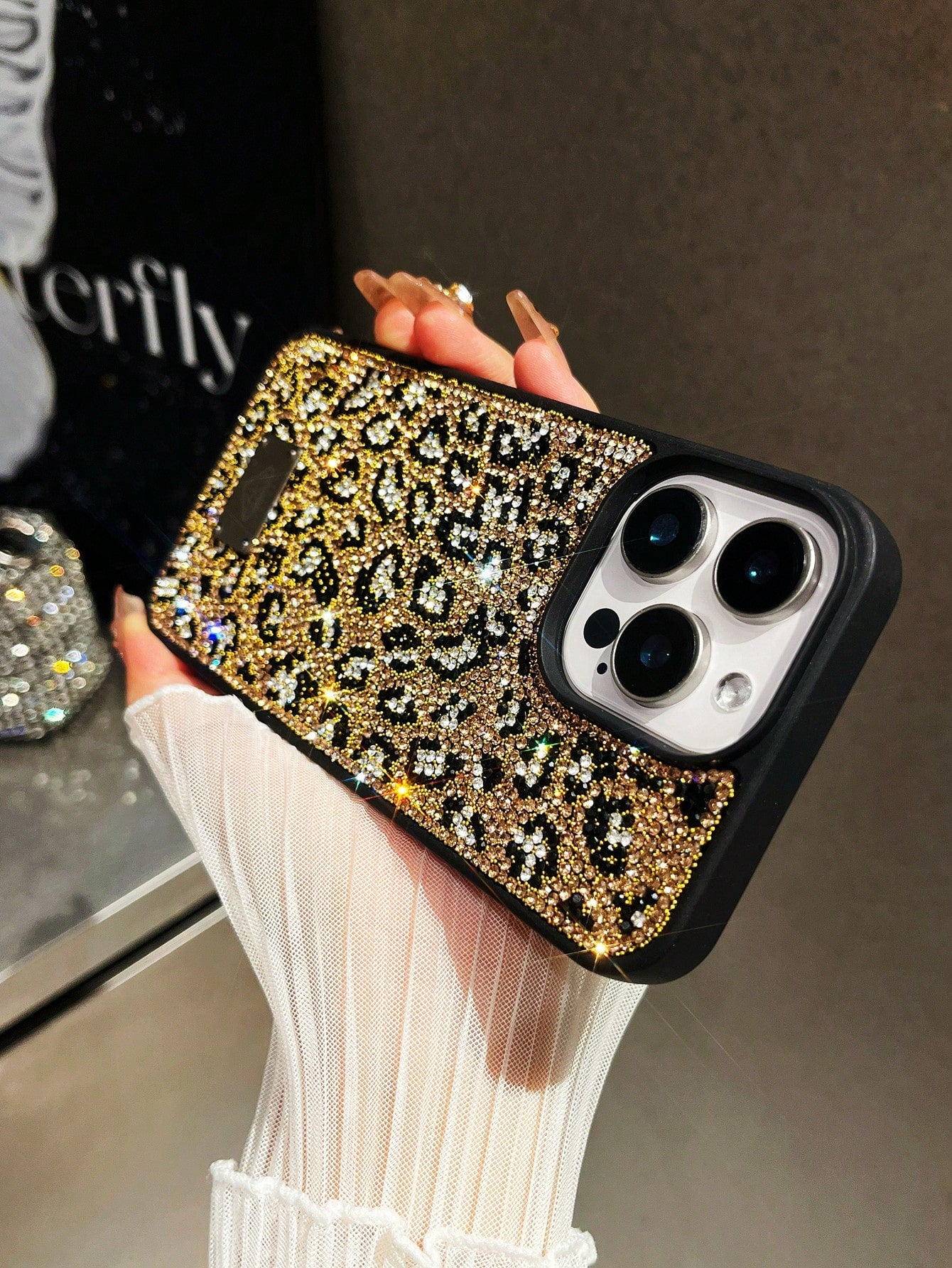 Luxury Leopard Print Fashion Rhinestone Inlaid Shiny Gold Soft Touch Full Coverage Protective Phone Case 1pc Compatible With IPhone 17 Pro Max Anniversary Gift