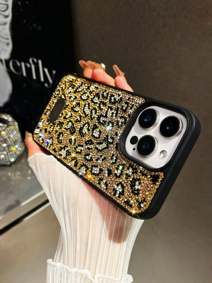 Luxury Leopard Print Fashion Rhinestone Inlaid Shiny Gold Soft Touch Full Coverage Protective Phone Case 1pc Compatible With IPhone 17 Pro Max Anniversary Gift