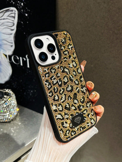 Luxury Leopard Print Fashion Rhinestone Inlaid Shiny Gold Soft Touch Full Coverage Protective Phone Case 1pc Compatible With IPhone 17 Pro Max Anniversary Gift