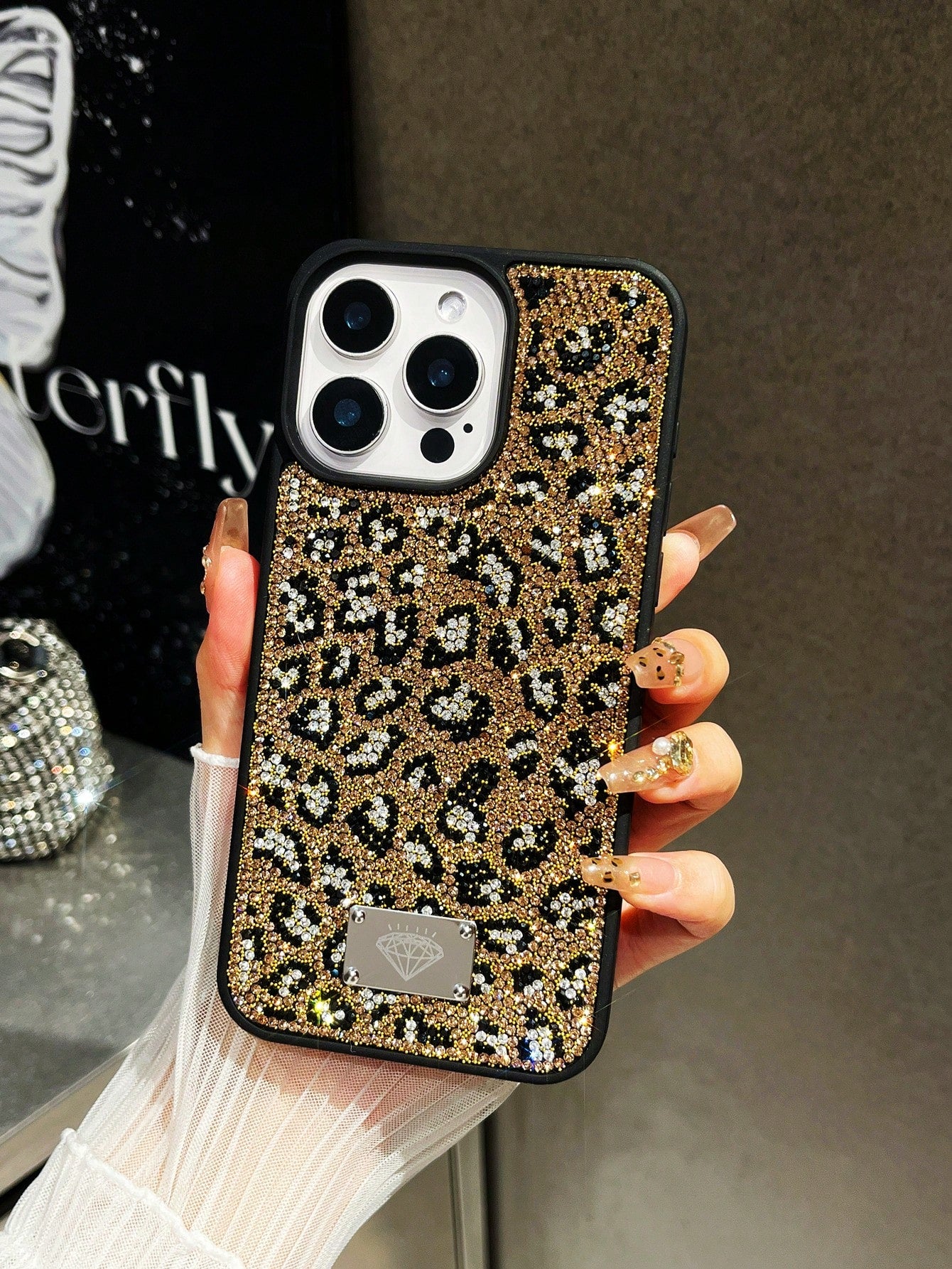 Luxury Leopard Print Fashion Rhinestone Inlaid Shiny Gold Soft Touch Full Coverage Protective Phone Case 1pc Compatible With IPhone 17 Pro Max Anniversary Gift