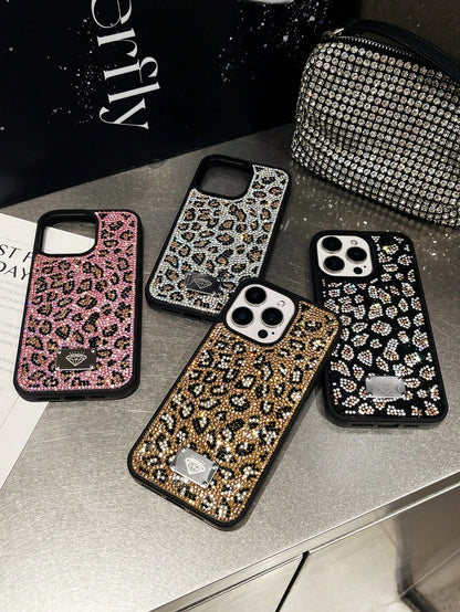 Luxury Leopard Print Fashion Rhinestone Inlaid Shiny Gold Soft Touch Full Coverage Protective Phone Case 1pc Compatible With IPhone 17 Pro Max Anniversary Gift