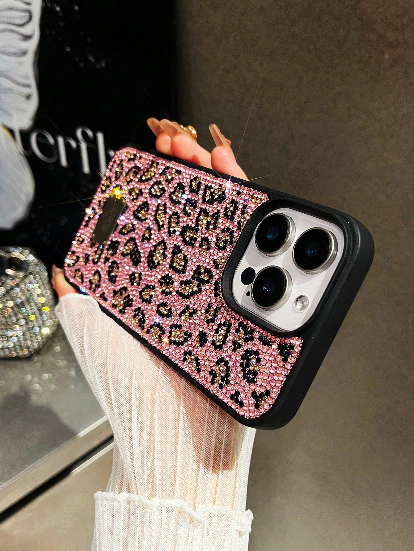 Luxury Leopard Print Fashion Rhinestone Inlaid Shiny Gold Soft Touch Full Coverage Protective Phone Case 1pc Compatible With IPhone 17 Pro Max Anniversary Gift