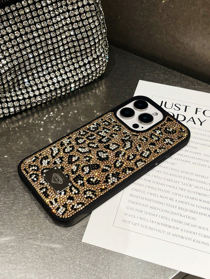 Luxury Leopard Print Fashion Rhinestone Inlaid Shiny Gold Soft Touch Full Coverage Protective Phone Case 1pc Compatible With IPhone 17 Pro Max Anniversary Gift