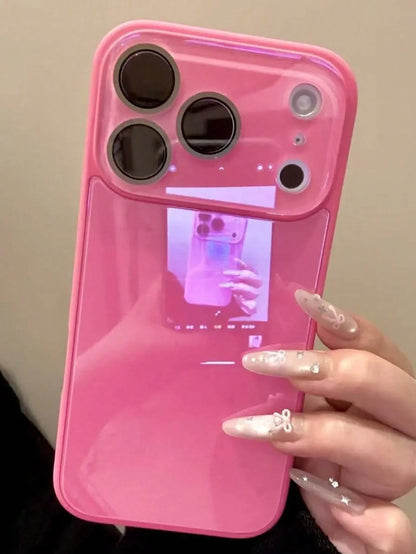 Luxury Pink Glossy Mirror Element Solid Glass Phone Case Suitable For 17 Pro Max 16 15 14 13 12 11 Pro Max Lens Protection Shock-Resistant Frame Hard Back Cover Spring Gift Party