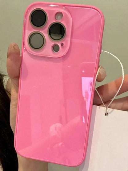 Luxury Pink Glossy Mirror Element Solid Glass Phone Case Suitable For 17 Pro Max 16 15 14 13 12 11 Pro Max Lens Protection Shock-Resistant Frame Hard Back Cover Spring Gift Party