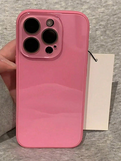 Luxury Pink Glossy Mirror Element Solid Glass Phone Case Suitable For 17 Pro Max 16 15 14 13 12 11 Pro Max Lens Protection Shock-Resistant Frame Hard Back Cover Spring Gift Party