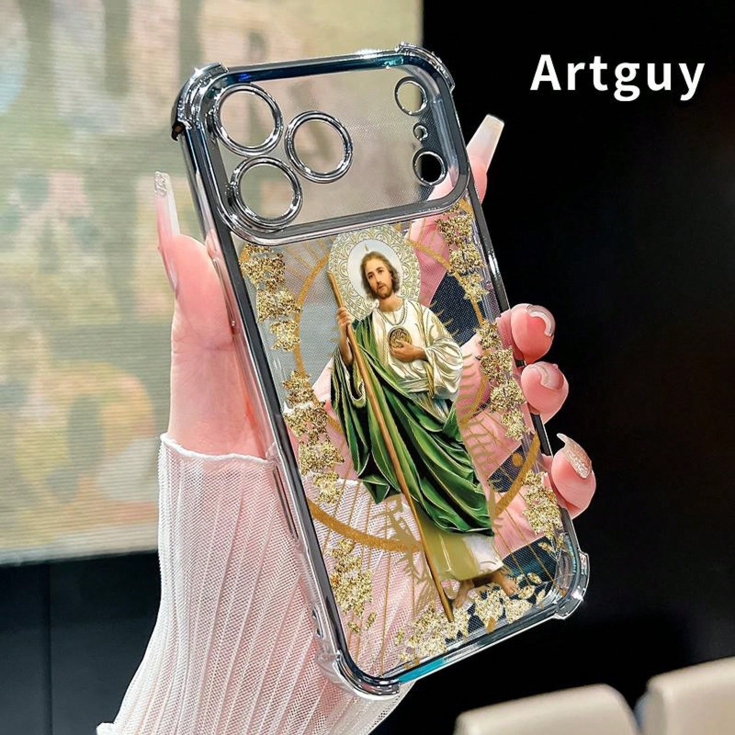 Luxury Saint Jude Thaddeus Transparent Electroplated Corner Shockproof Phone Case For IPhone 17 Pro Max 16 Air 15 Plus 14 13 12 11 E Heavy Duty Cushion Bumper Protective Cover Religious Gift For Men W