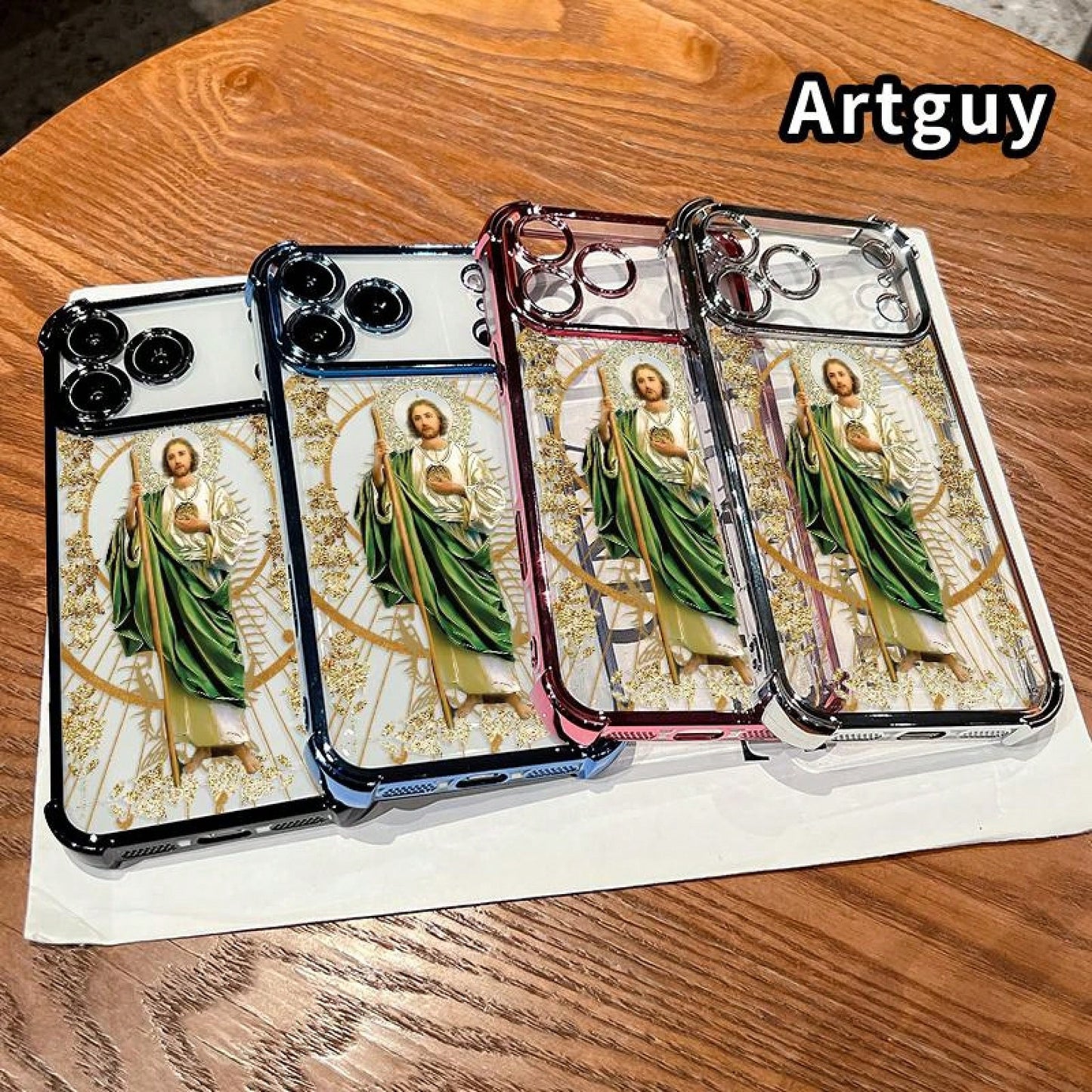Luxury Saint Jude Thaddeus Transparent Electroplated Corner Shockproof Phone Case For IPhone 17 Pro Max 16 Air 15 Plus 14 13 12 11 E Heavy Duty Cushion Bumper Protective Cover Religious Gift For Men W