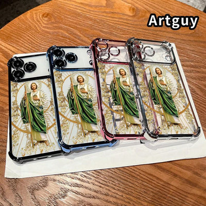 Luxury Saint Jude Thaddeus Transparent Electroplated Corner Shockproof Phone Case For IPhone 17 Pro Max 16 Air 15 Plus 14 13 12 11 E Heavy Duty Cushion Bumper Protective Cover Religious Gift For Men W