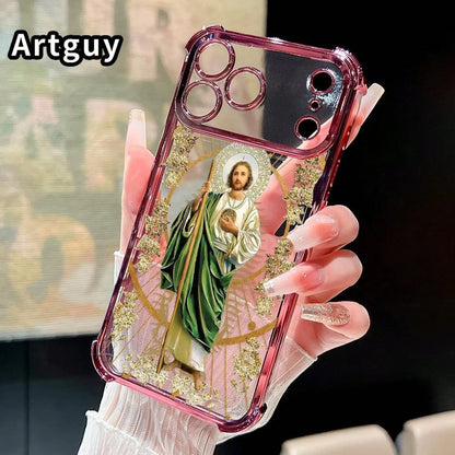 Luxury Saint Jude Thaddeus Transparent Electroplated Corner Shockproof Phone Case For IPhone 17 Pro Max 16 Air 15 Plus 14 13 12 11 E Heavy Duty Cushion Bumper Protective Cover Religious Gift For Men W