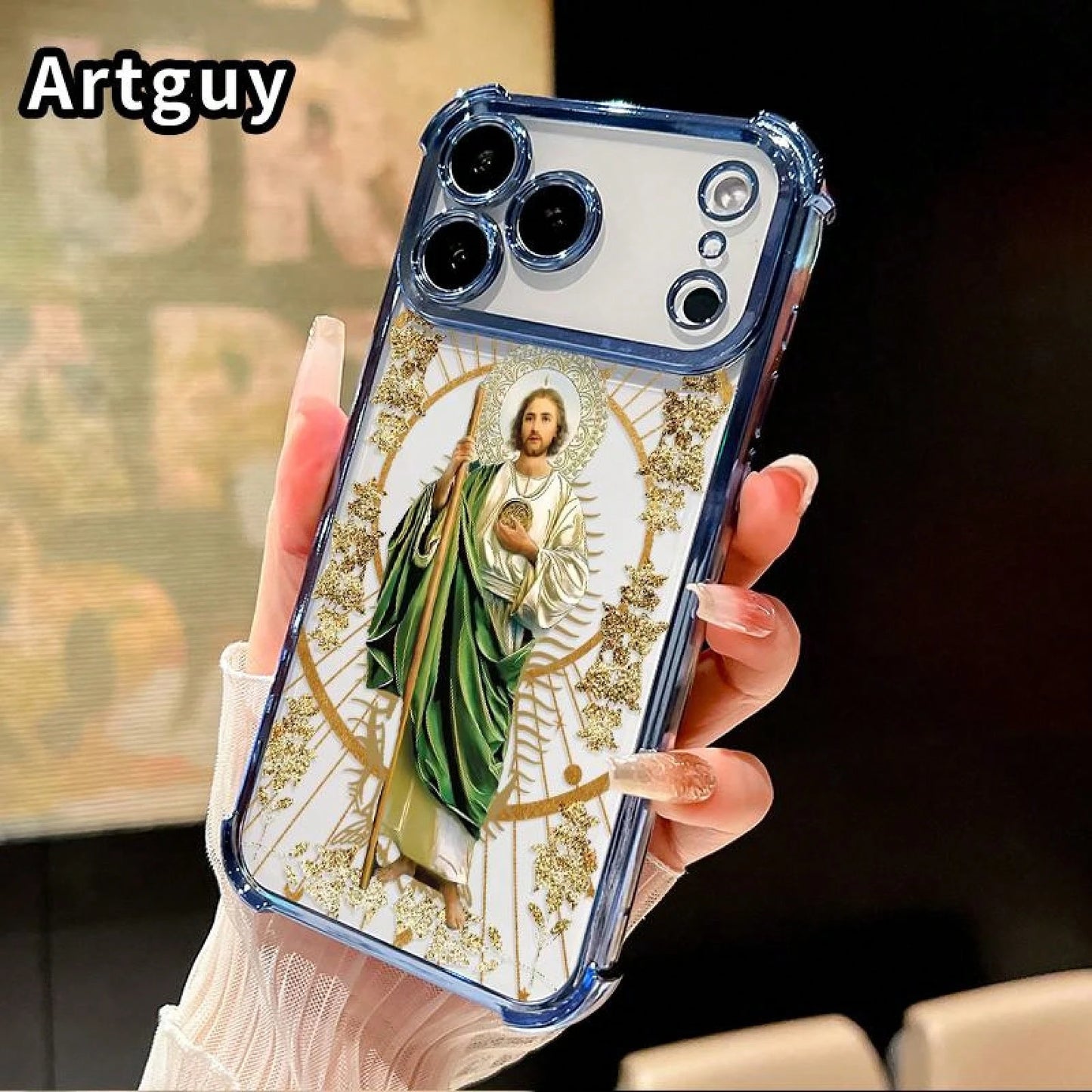 Luxury Saint Jude Thaddeus Transparent Electroplated Corner Shockproof Phone Case For IPhone 17 Pro Max 16 Air 15 Plus 14 13 12 11 E Heavy Duty Cushion Bumper Protective Cover Religious Gift For Men W