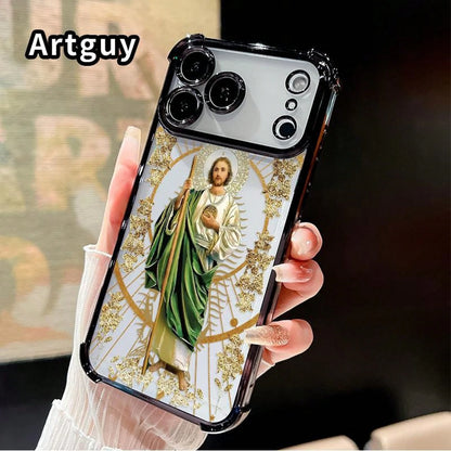 Luxury Saint Jude Thaddeus Transparent Electroplated Corner Shockproof Phone Case For IPhone 17 Pro Max 16 Air 15 Plus 14 13 12 11 E Heavy Duty Cushion Bumper Protective Cover Religious Gift For Men W