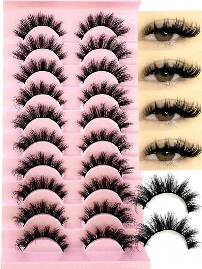 LYBCG 10 Pairs Fluffy Faux Mink Eyelashes, Thin, Thick, Curly, 3D Natural Styles, Suitable For Party, Daily Wear, Cat Eye Shape, Fit For Various Occasions