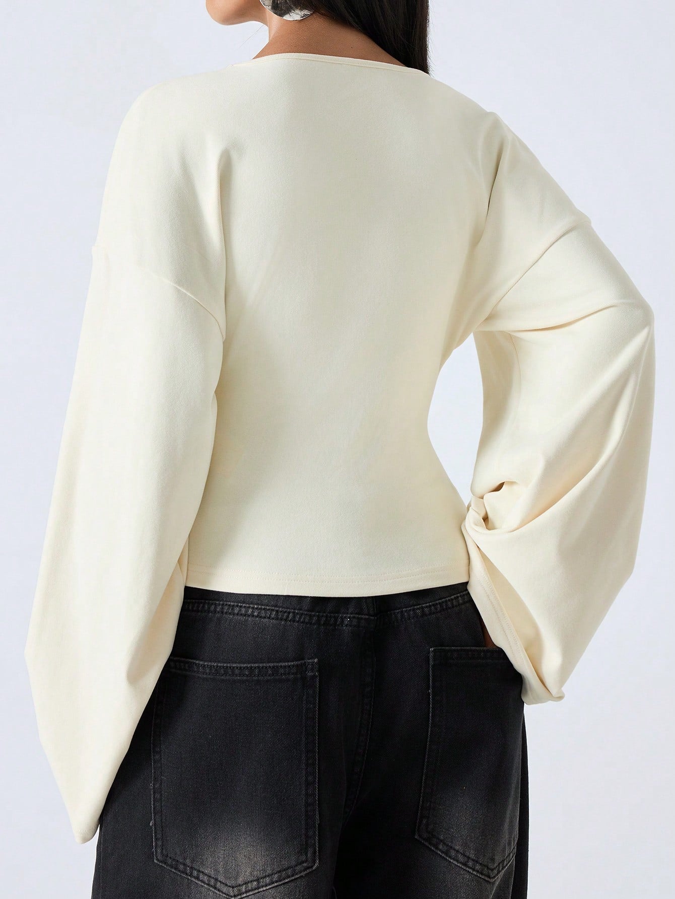 LYSMO 2025 Women's Summer Cream White Blouse, Effortless Chic Elegant French Solid Color Deep V-Neck Top, Bell Sleeve Casual Tops For Brunch Birthday, Home