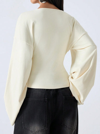 LYSMO 2025 Women's Summer Cream White Blouse, Effortless Chic Elegant French Solid Color Deep V-Neck Top, Bell Sleeve Casual Tops For Brunch Birthday, Home