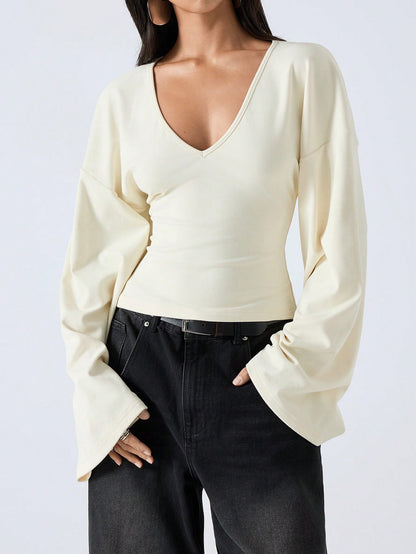 LYSMO 2025 Women's Summer Cream White Blouse, Effortless Chic Elegant French Solid Color Deep V-Neck Top, Bell Sleeve Casual Tops For Brunch Birthday, Home