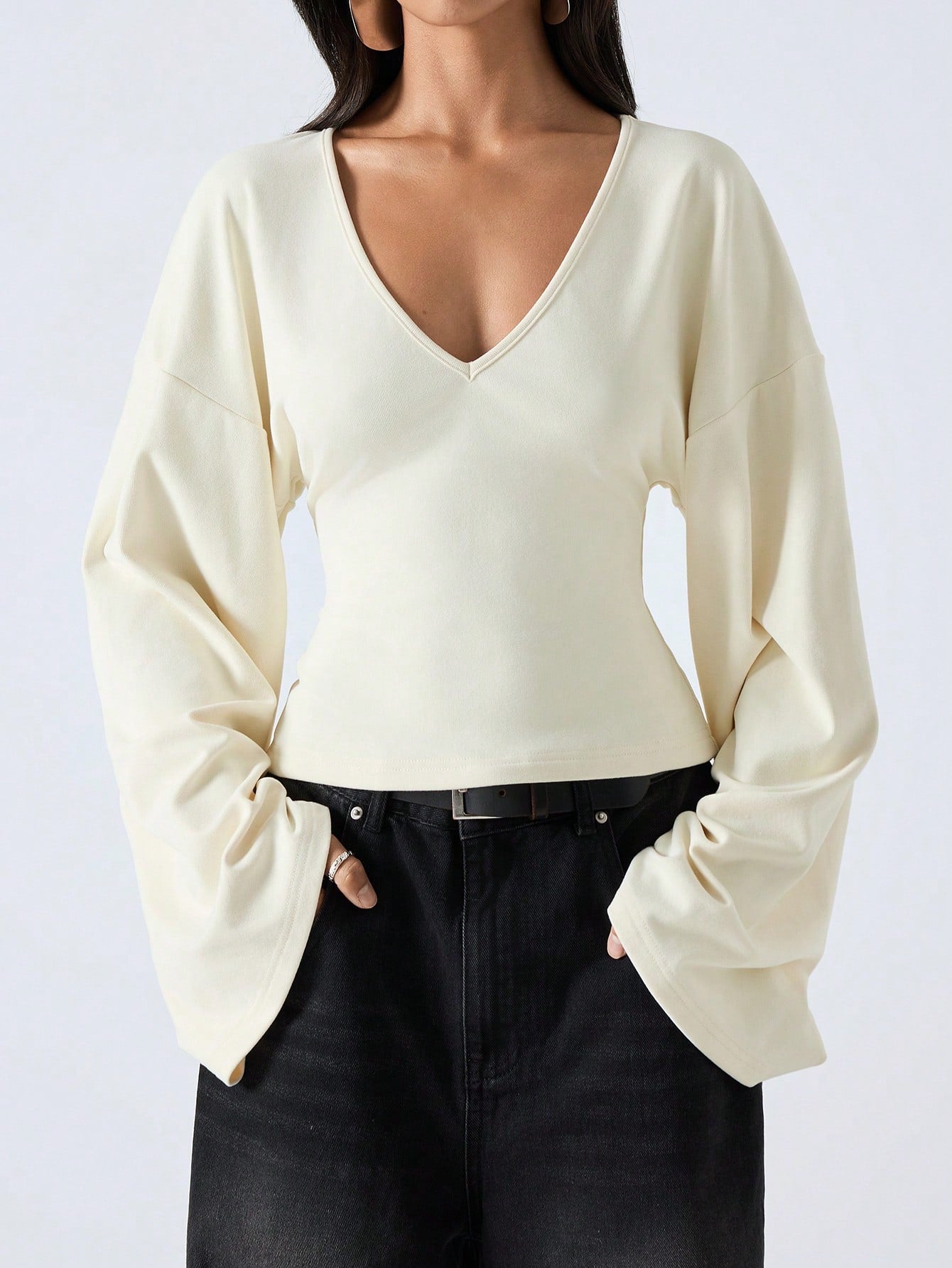 LYSMO 2025 Women's Summer Cream White Blouse, Effortless Chic Elegant French Solid Color Deep V-Neck Top, Bell Sleeve Casual Tops For Brunch Birthday, Home