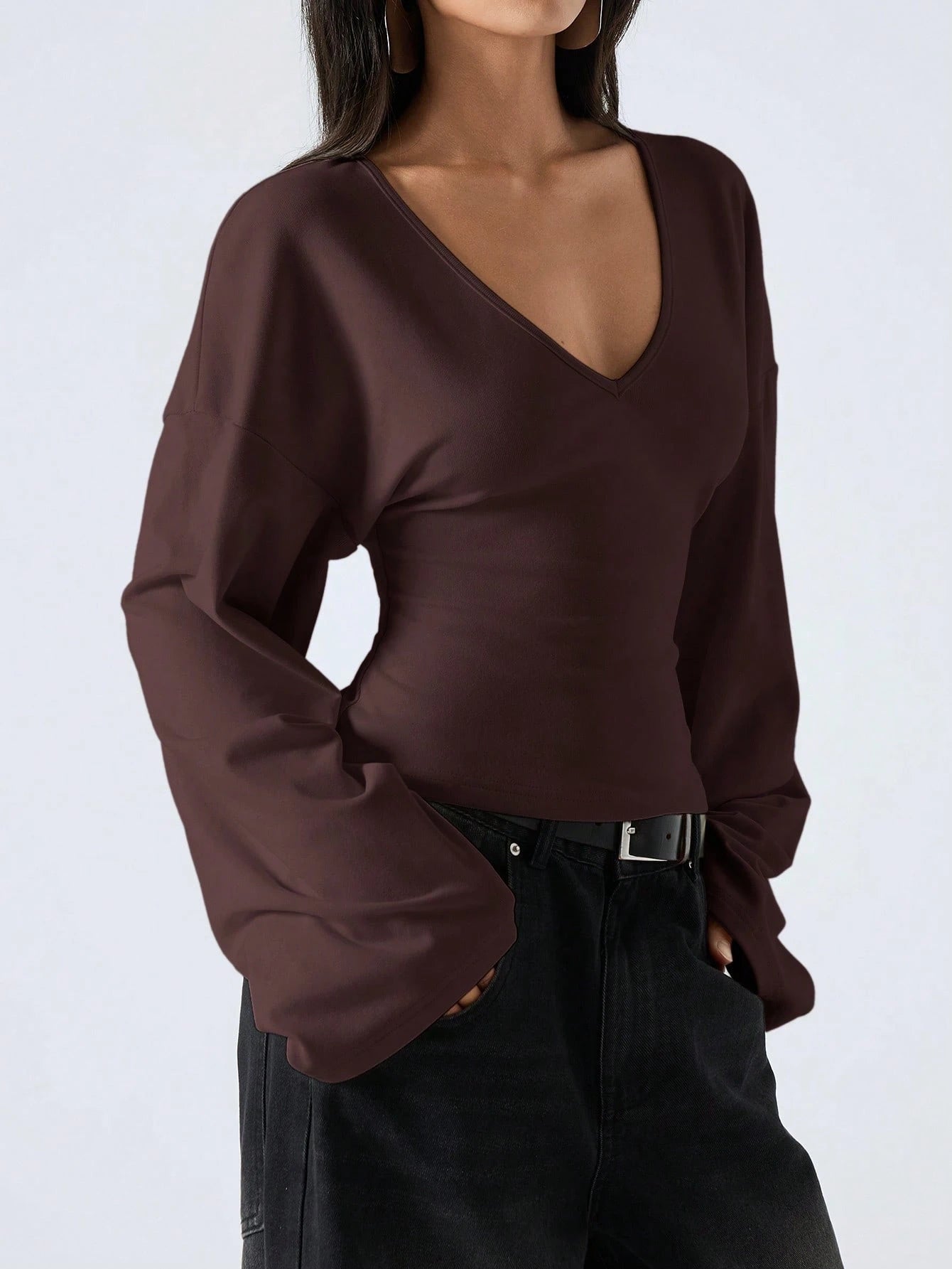 LYSMO 2025 Women's Summer Cream White Blouse, Effortless Chic Elegant French Solid Color Deep V-Neck Top, Bell Sleeve Casual Tops For Brunch Birthday, Home