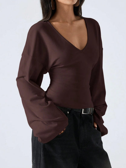LYSMO 2025 Women's Summer Cream White Blouse, Effortless Chic Elegant French Solid Color Deep V-Neck Top, Bell Sleeve Casual Tops For Brunch Birthday, Home