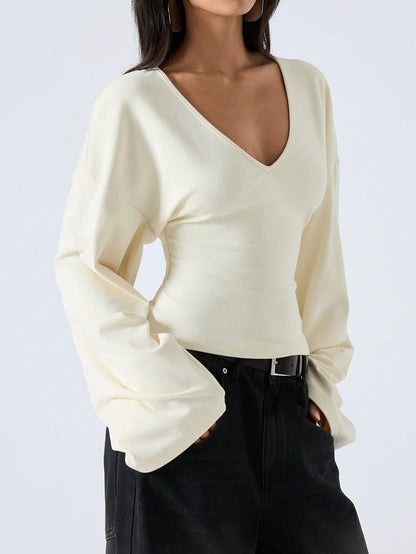 LYSMO 2025 Women's Summer Cream White Blouse, Effortless Chic Elegant French Solid Color Deep V-Neck Top, Bell Sleeve Casual Tops For Brunch Birthday, Home