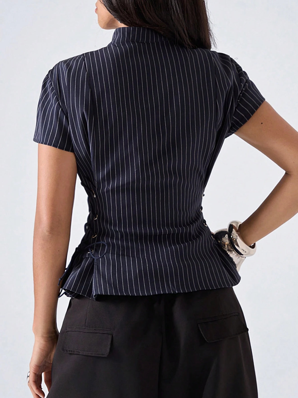 LYSMO Women's Striped Cut-Out Bust Design Lace-Up Casual Versatile Daily Outing Short Sleeve Blazer Top