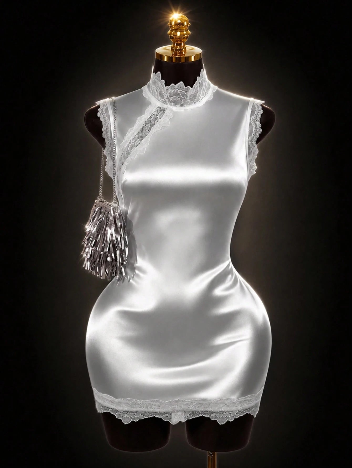 Lyxana 2026 New Summer White Lace Patchwork Dress, Stand Collar Sleeveless Asymmetric Neckline Lace Trim Fitted Bodycon Mini Dress, Minimalist Sexy Style, Suitable For Date, Party, Semi-Formal Occasio
