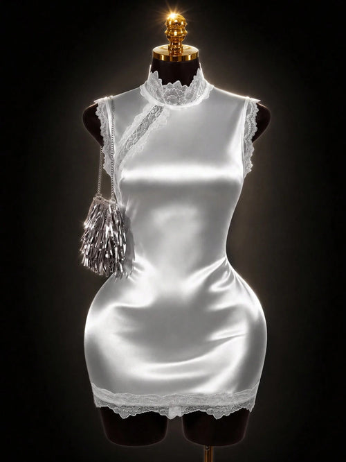 Lyxana 2026 New Summer White Lace Patchwork Dress, Stand Collar Sleeveless Asymmetric Neckline Lace Trim Fitted Bodycon Mini Dress, Minimalist Sexy Style, Suitable For Date, Party, Semi-Formal Occasio