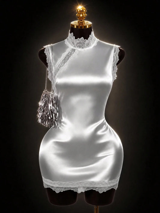 Lyxana 2026 New Summer White Lace Patchwork Dress, Stand Collar Sleeveless Asymmetric Neckline Lace Trim Fitted Bodycon Mini Dress, Minimalist Sexy Style, Suitable For Date, Party, Semi-Formal Occasio