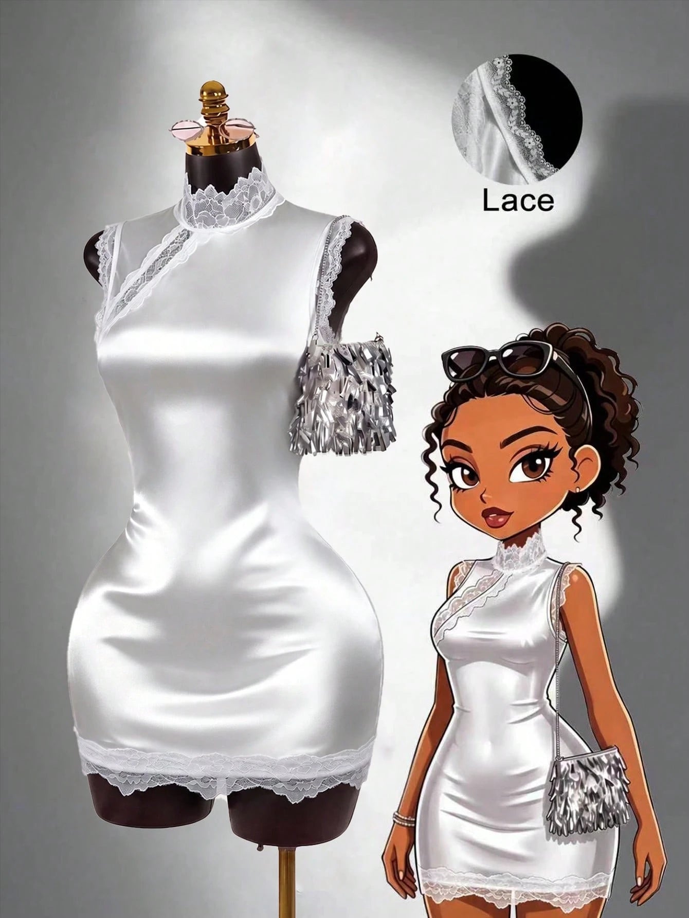 Lyxana 2026 New Summer White Lace Patchwork Dress, Stand Collar Sleeveless Asymmetric Neckline Lace Trim Fitted Bodycon Mini Dress, Minimalist Sexy Style, Suitable For Date, Party, Semi-Formal Occasio