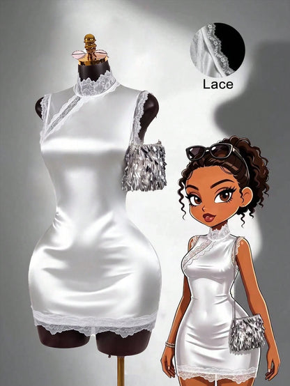 Lyxana 2026 New Summer White Lace Patchwork Dress, Stand Collar Sleeveless Asymmetric Neckline Lace Trim Fitted Bodycon Mini Dress, Minimalist Sexy Style, Suitable For Date, Party, Semi-Formal Occasio