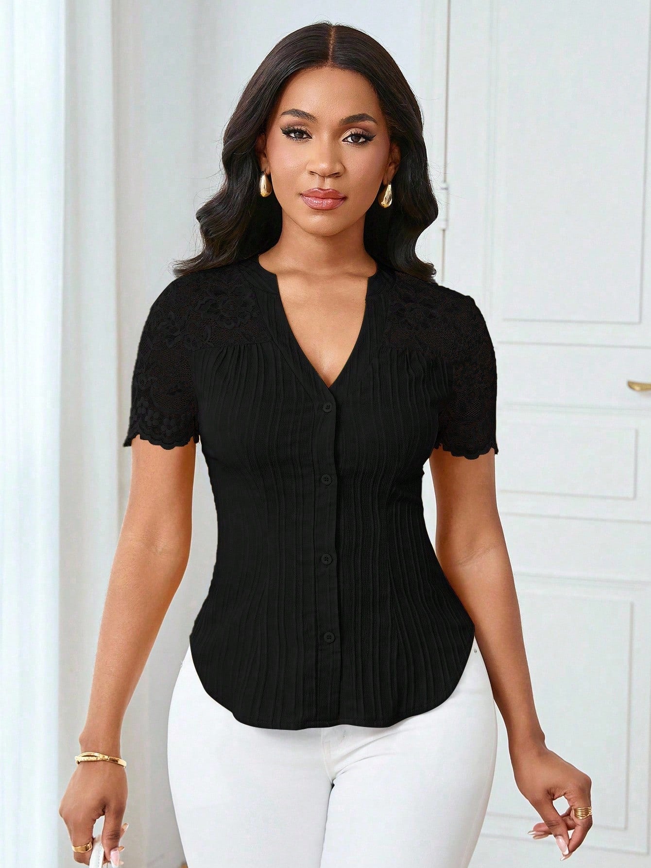 Lyxana Women's Casual Solid Color Simple Commuter Shirt, Summer