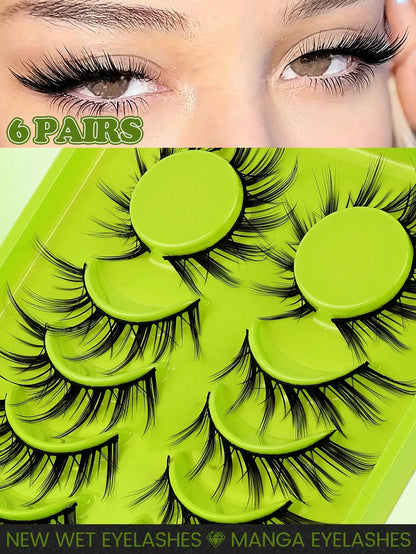 MAANGE 6 Pairs Winged Cat Eye Hedgehog Eyelashes, Cartoon Fairy Style, Elongated Eye Tail, Suitable For European And American Eye Shapes, Lively Long Dramatic False Eyelashes, Natural Thick Layered Cu