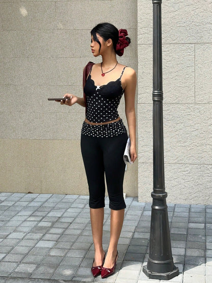MainGRL Black Polka Dot Side Slit Casual Skinny Capri Leggings For Women,New Year Women,Casual For Women