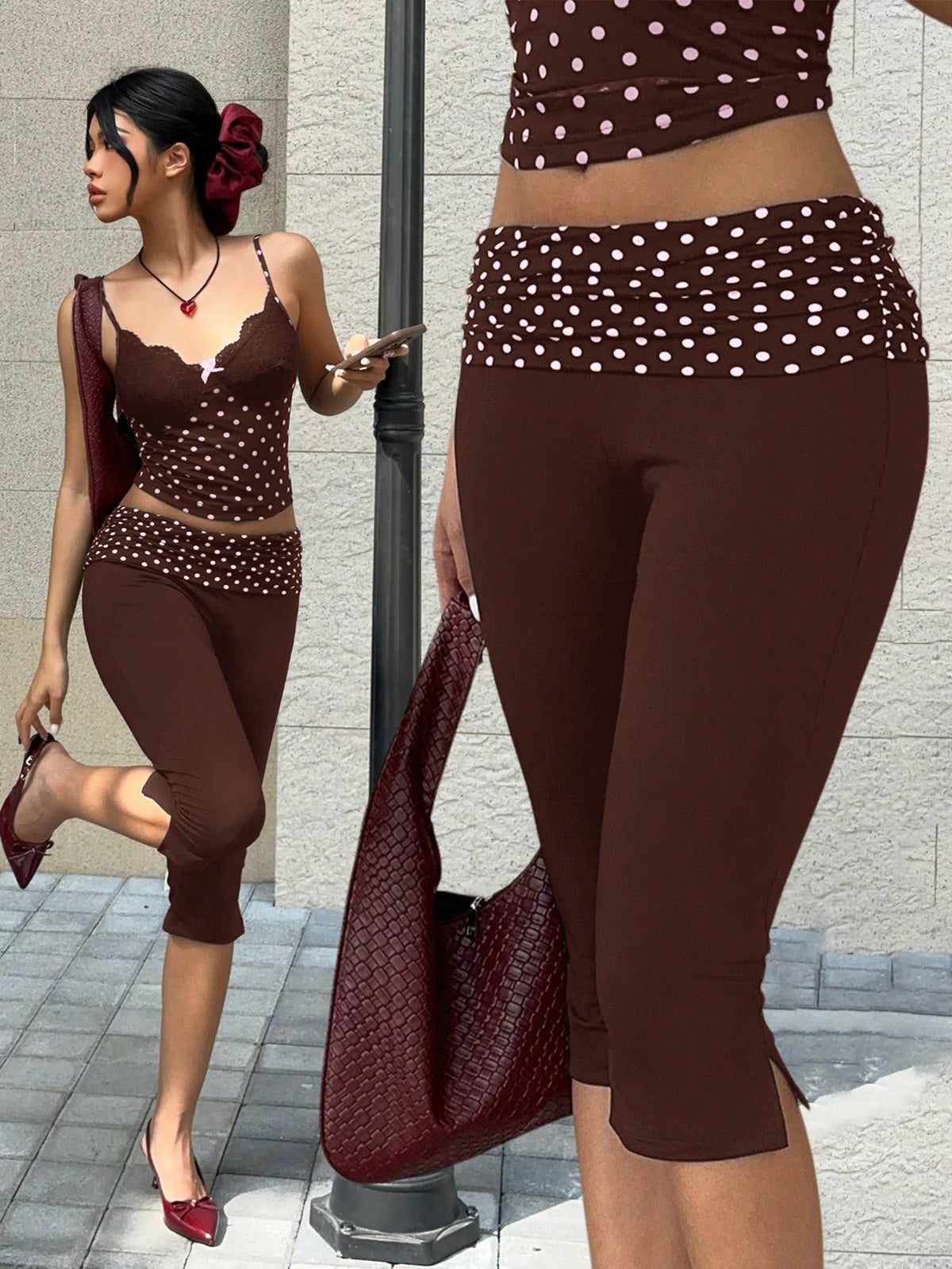 MainGRL Black Polka Dot Side Slit Casual Skinny Capri Leggings For Women,New Year Women,Casual For Women