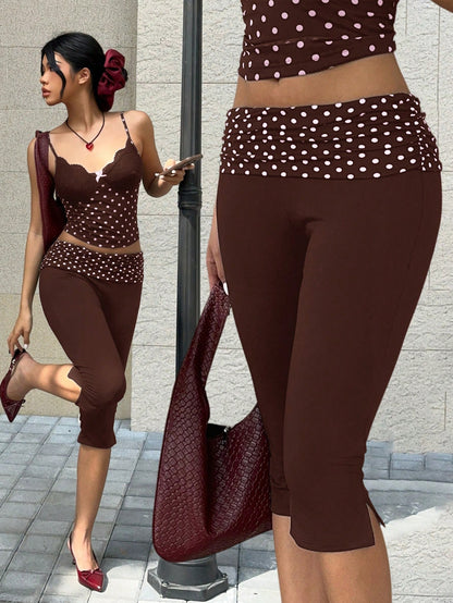 MainGRL Black Polka Dot Side Slit Casual Skinny Capri Leggings For Women,New Year Women,Casual For Women
