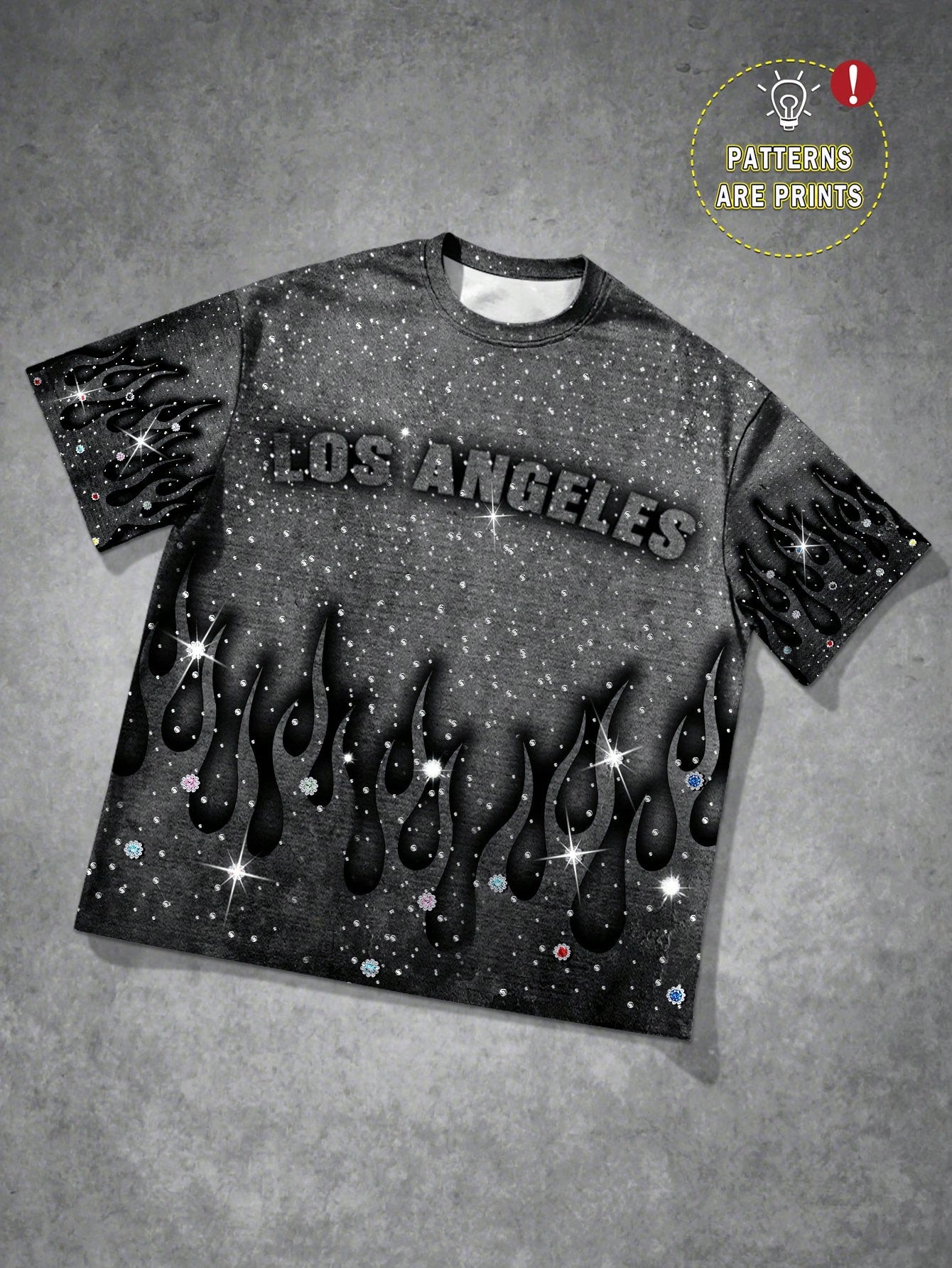Manfinity EMRG Men's Dark Grey Summer Streetwear City Break Los Angeles Fire Flame Graphic Print T-Shirt,Vintage 2000s Gothic Rhinestone Oversized Short Sleeve Tee