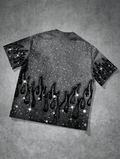 Manfinity EMRG Men's Dark Grey Summer Streetwear City Break Los Angeles Fire Flame Graphic Print T-Shirt,Vintage 2000s Gothic Rhinestone Oversized Short Sleeve Tee