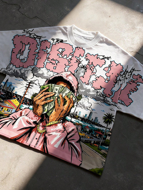 Manfinity EMRG Men's Summer Oversized T-Shirt,White Streetwear City Break Urban Figure Portrait Graffiti Graphic Print Crew Neck Short Sleeve Relaxed Fit Tee,Y2K