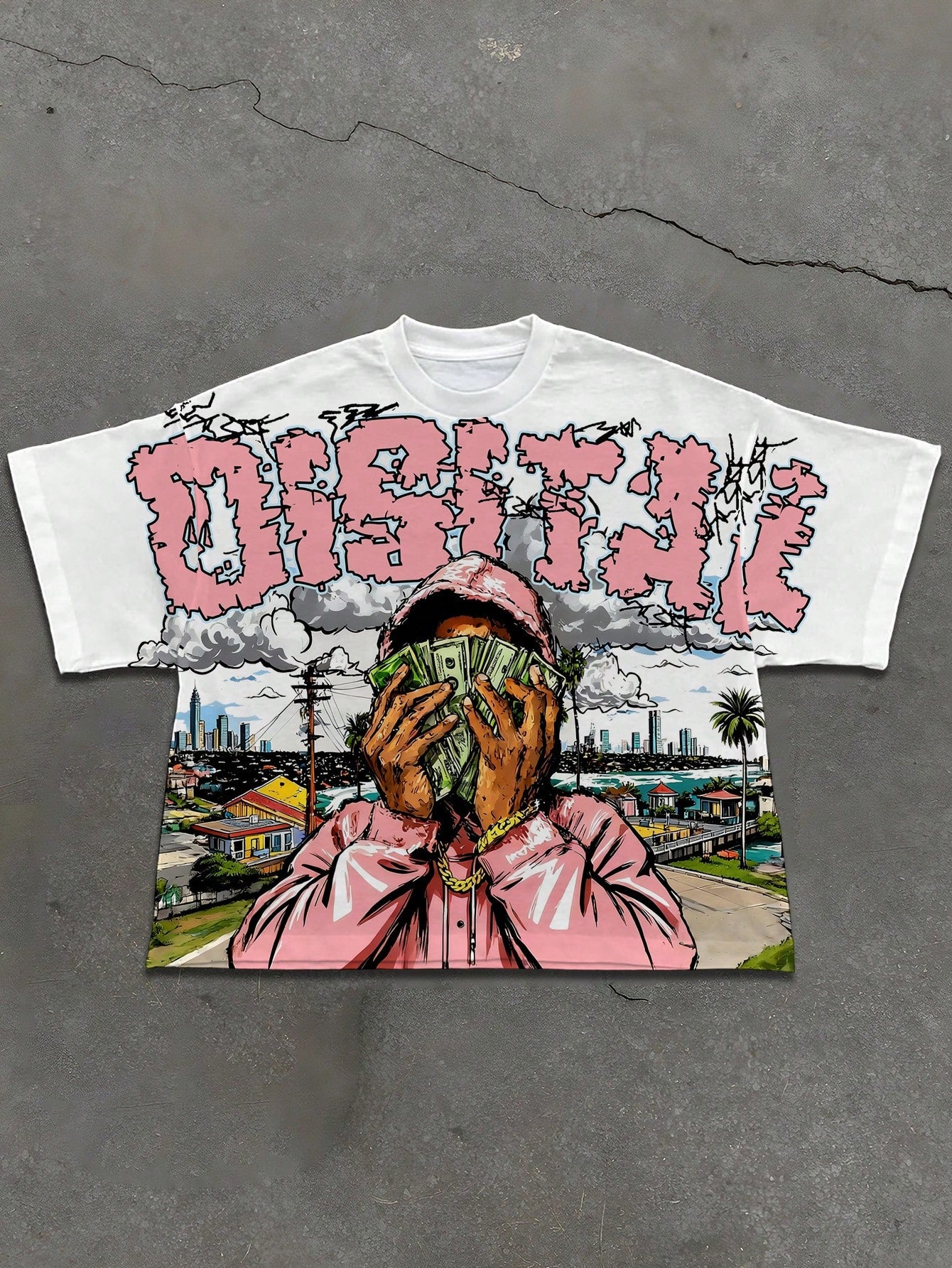Manfinity EMRG Men's Summer Oversized T-Shirt,White Streetwear City Break Urban Figure Portrait Graffiti Graphic Print Crew Neck Short Sleeve Relaxed Fit Tee,Y2K