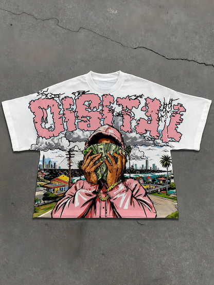 Manfinity EMRG Men's Summer Oversized T-Shirt,White Streetwear City Break Urban Figure Portrait Graffiti Graphic Print Crew Neck Short Sleeve Relaxed Fit Tee,Y2K
