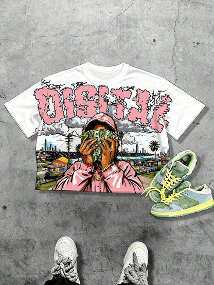 Manfinity EMRG Men's Summer Oversized T-Shirt,White Streetwear City Break Urban Figure Portrait Graffiti Graphic Print Crew Neck Short Sleeve Relaxed Fit Tee,Y2K
